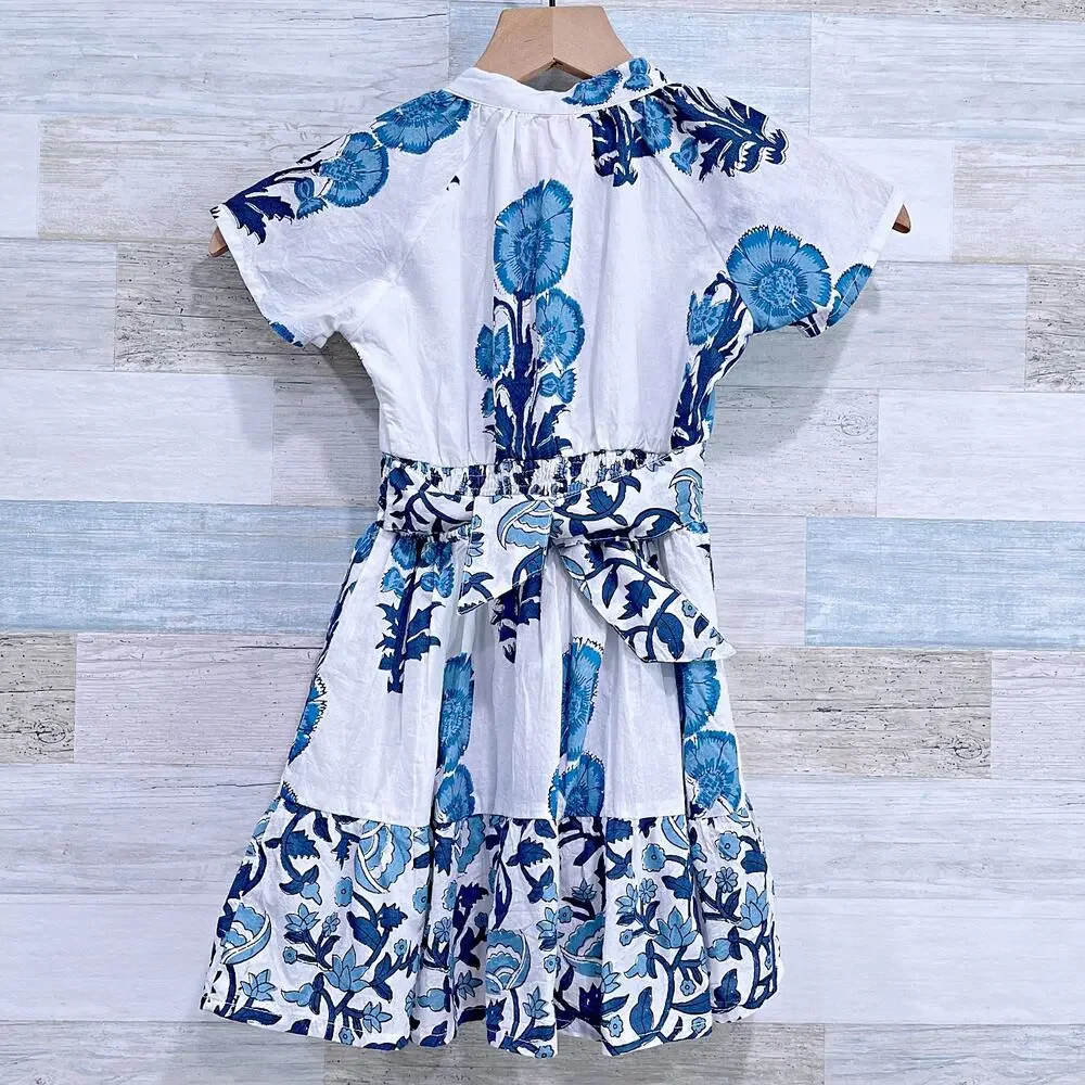 Victoria Dunn Gauze Knit Floral Smocked Waist Dress White Blue Toddler Girl 4T